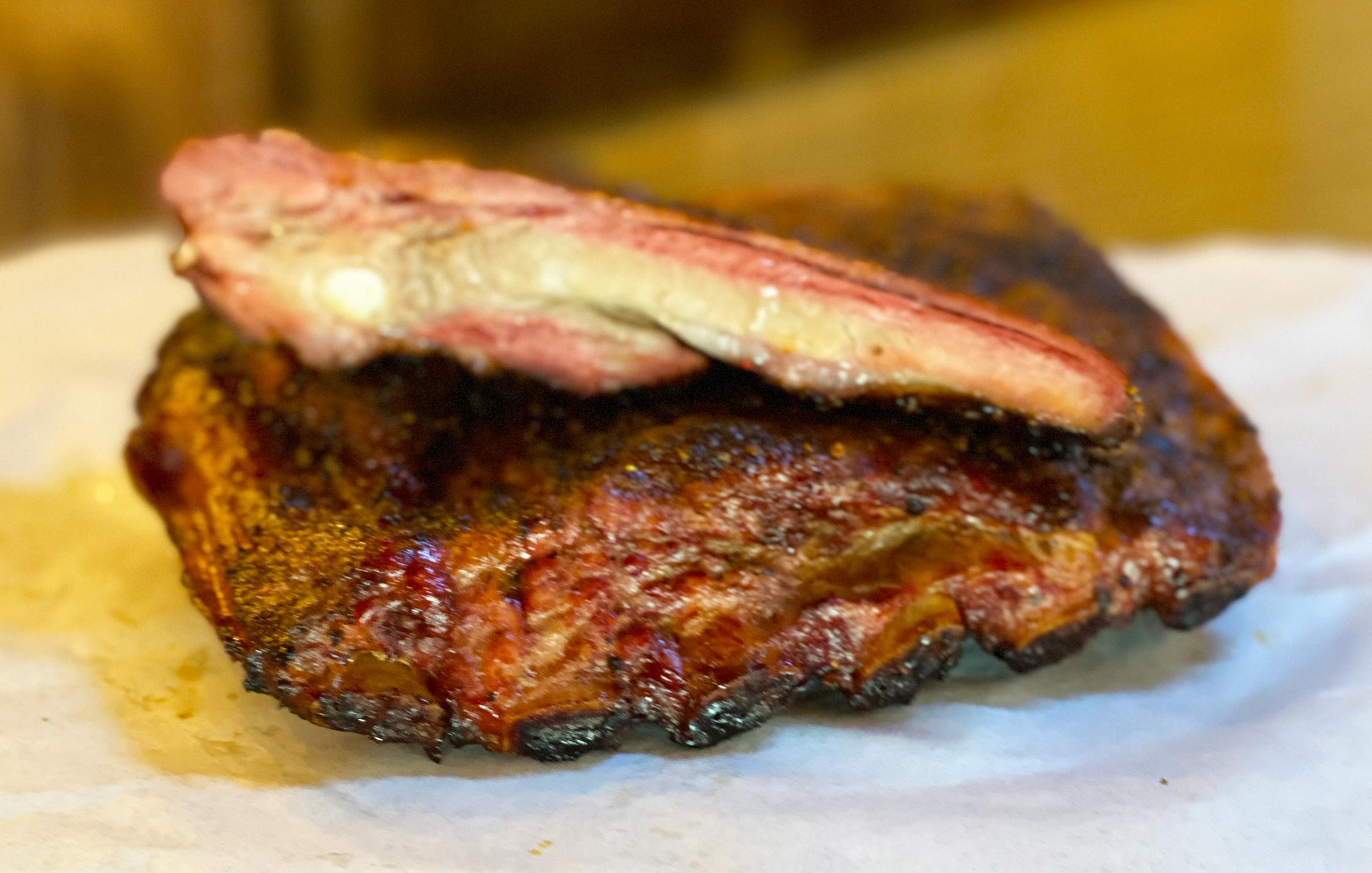 A closeup image of spare ribs at Old 300 BBQ